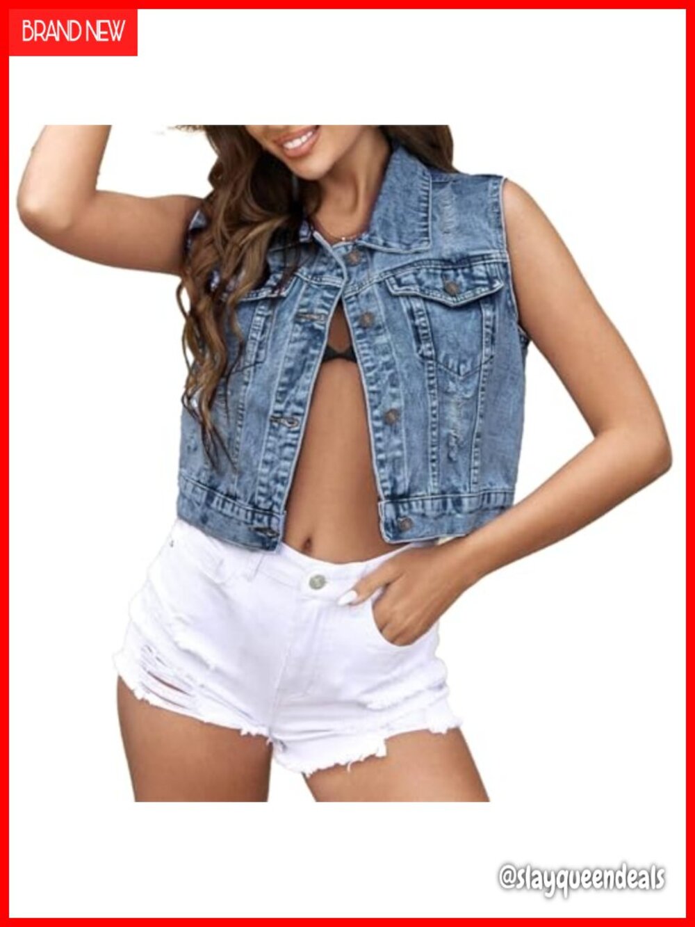 Cropped Distressed Denim Vest Slim Fit Sleeveless Button Down Jean Waistcoat